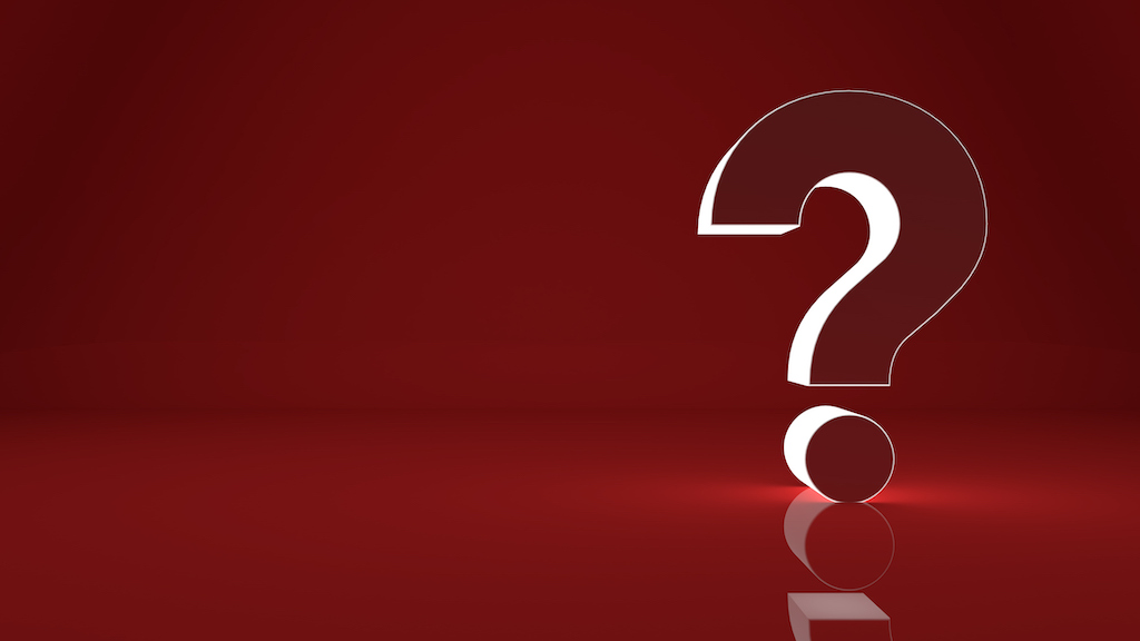 Dark red background and large 3d question mark, representing FAQs about electrical contractors.