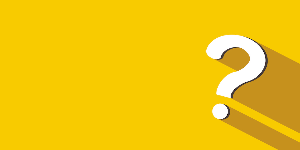 Yellow background with white question mark and shadow cast. Representing FAQs about surge protection.