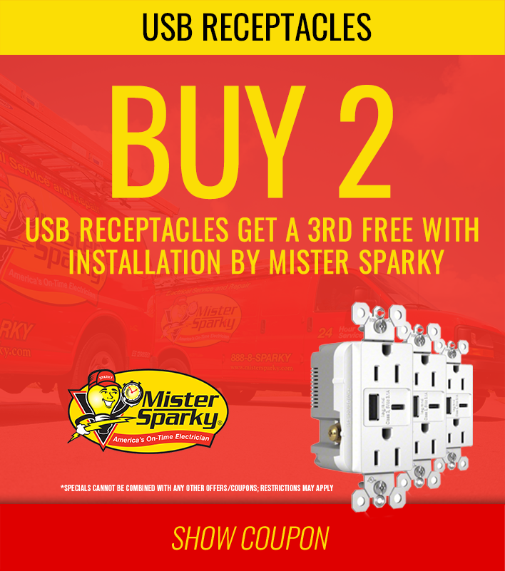 Buy 2 USB receptacles get a 3rd free with installation by Mister Sparky coupon