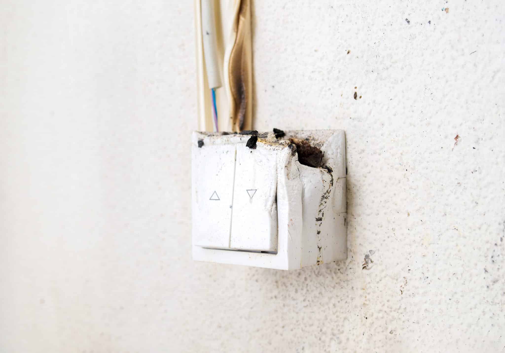 Common Causes of Flickering Lights, Melted light switch with fire damage, Overloaded Electrical Circuits.